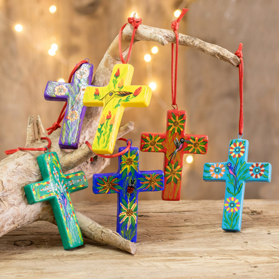 Ceramic ornaments, 'Floral Crosses' (set of 6) - Handmade Ceramic Cross Christmas Ornaments Set of 6