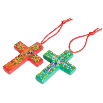 Adornos de ceramica, (juego de 6) - Juego de 6 adornos navideños con cruz de ceramica hechos a mano