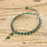 Beaded macrame anklet, 'Envious Enchantment' - Guatemalan Hand Braided Beaded Anklet in Green and Grey