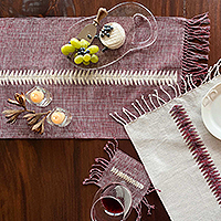 Cotton table runner, 'Homey Elegance' - Handloomed Cotton Table Runner in Cordovan and Alabaster