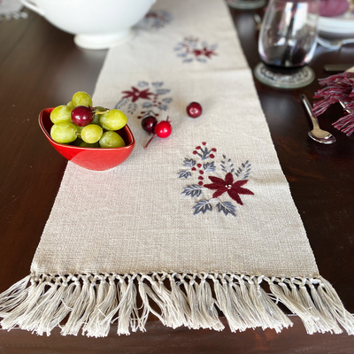 Corredor de mesa de algodón, 'Bordado de amor' - Corredor de mesa de algodón con bordado floral
