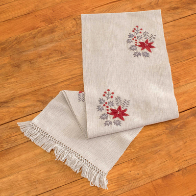 Cotton table runner, 'Love Embroidery' - Handloomed Cotton Table Runner with Floral Embroidery
