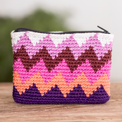 Cotton coin purse, 'Pastel Zigzag' - Multicoloured Crocheted Cotton Coin Purse with Zigzag Pattern