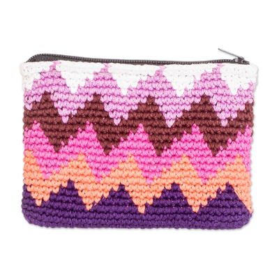 Cotton coin purse, 'Pastel Zigzag' - Multicoloured Crocheted Cotton Coin Purse with Zigzag Pattern