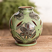 Ceramic tealight candle holder, 'Nature in Green' - Green Ceramic Tealight Candle Holder Handmade in Nicaragua