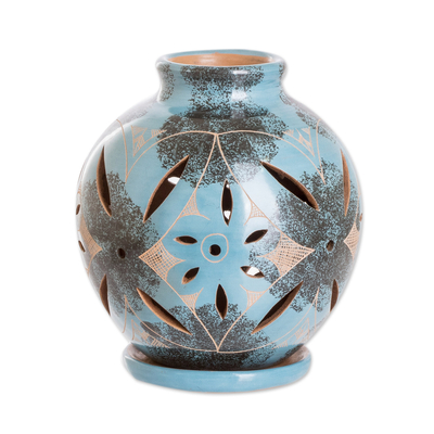 Ceramic tealight candle holder, 'Nature in Blue' - Blue Ceramic Tealight Candle Holder Handmade in Nicaragua