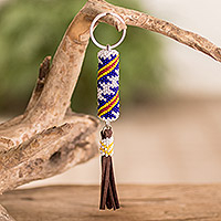 Beaded keychain and bag charm, 'Total Relaxation' - Beaded Leather Keychain and Bag Charm Handmade in Guatemala