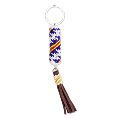 Beaded keychain and bag charm, 'Total Relaxation' - Beaded Leather Keychain and Bag Charm Handmade in Guatemala