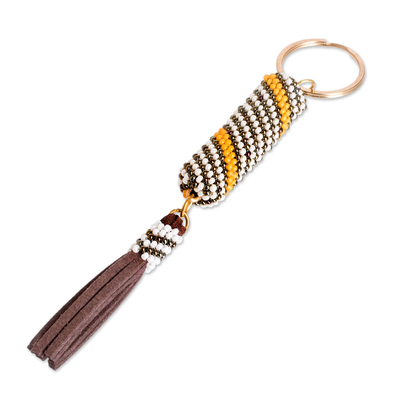 Beaded keychain and bag charm, 'Bright Light' - Beaded Leather Keychain and Bag Charm Handmade in Guatemala