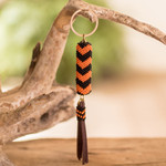 Beaded keychain and bag charm, 'Energizing Sunset' - Beaded Leather Keychain and Bag Charm Handmade in Guatemala