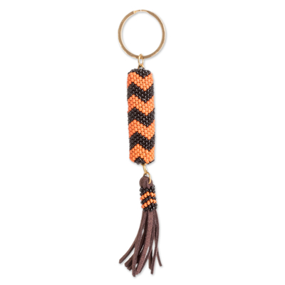 Beaded keychain and bag charm, 'Energizing Sunset' - Beaded Leather Keychain and Bag Charm Handmade in Guatemala