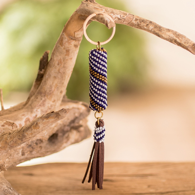 Beaded keychain and bag charm, 'Tranquil Ocean' - Beaded Leather Keychain and Bag Charm Handmade in Guatemala