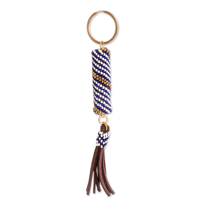 Beaded keychain and bag charm, 'Tranquil Ocean' - Beaded Leather Keychain and Bag Charm Handmade in Guatemala