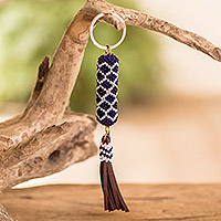 Beaded keychain and bag charm, 'Diamond Blue' - Beaded Leather Keychain and Bag Charm Handmade in Guatemala