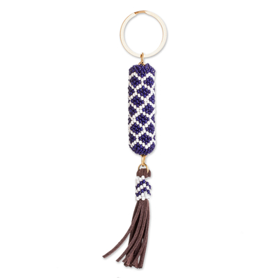 Beaded keychain and bag charm, 'Diamond Blue' - Beaded Leather Keychain and Bag Charm Handmade in Guatemala