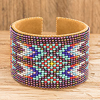 Beaded cuff bracelet, 'Ancestral Patterns' - Beaded Leather and Suede Cuff Bracelet Handmade in Guatemala