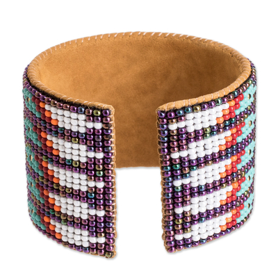 Beaded cuff bracelet, 'Ancestral Patterns' - Beaded Leather and Suede Cuff Bracelet Handmade in Guatemala