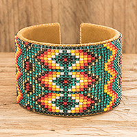 Beaded cuff bracelet, 'Geometric Diversity' - Beaded Leather and Suede Cuff Bracelet Handmade in Guatemala