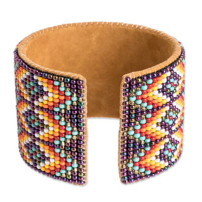 Beaded cuff bracelet, 'Geometric Diversity in Purple' - Beaded Leather and Suede Cuff Bracelet Handmade in Guatemala
