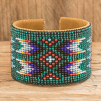 Beaded cuff bracelet, 'Native Designs' - Beaded Leather and Suede Cuff Bracelet Handmade in Guatemala