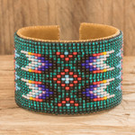 Beaded cuff bracelet, 'Native Designs' - Beaded Leather and Suede Cuff Bracelet Handmade in Guatemala