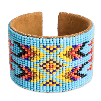 Beaded cuff bracelet, 'Native Designs in Light Blue' - Beaded Leather and Suede Cuff Bracelet Handmade in Guatemala