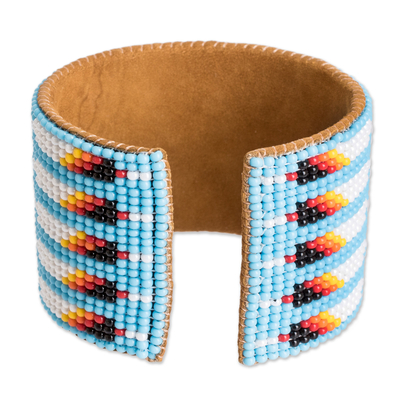 Beaded cuff bracelet, 'Native Designs in Light Blue' - Beaded Leather and Suede Cuff Bracelet Handmade in Guatemala