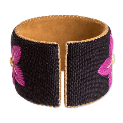 Cotton cuff bracelet, 'Soft Spring' - Handmade Suede Floral Bracelet from Guatemalan Artisan