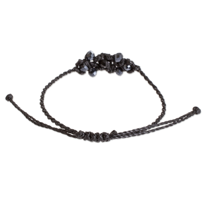Beaded macrame bracelet, 'Dreams in Coal-Black' - Black Crystal Beaded Macrame Bracelet Crafted in Guatemala