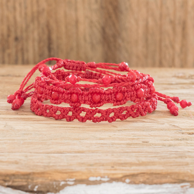 Beaded macrame bracelets, 'Radiance in Red' (set of 3) - Set of 3 Red Beaded Macrame Bracelets Crafted in Guatemala