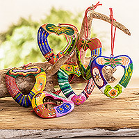 Ceramic ornaments, 'Flora and Fauna Heart' (set of 6) - Set of 6 Handmade Ceramic Heart Ornaments in Colorful Tones