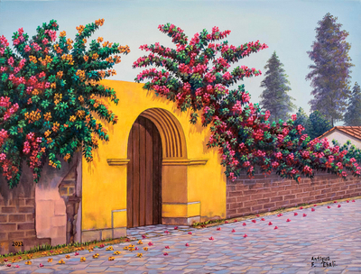 'La Antigua Street' - Signed and Stretched Realist Painting of Floral Street