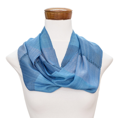 Cotton beaded infinity scarf, 'Endless in Blue' - Blue Cotton Beaded Infinity Scarf Hand-woven in Guatemala