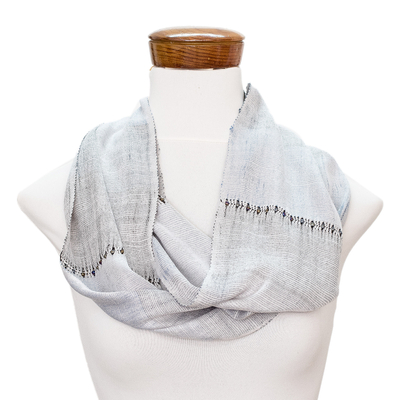 Cotton beaded infinity scarf, 'Endless in Grey' - Grey Cotton Beaded Infinity Scarf Hand-woven in Guatemala