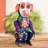 Wood figurine, 'Memorable Monkey' - Hand-Painted Floral Wild Cat Wood Figurine from Guatemala
