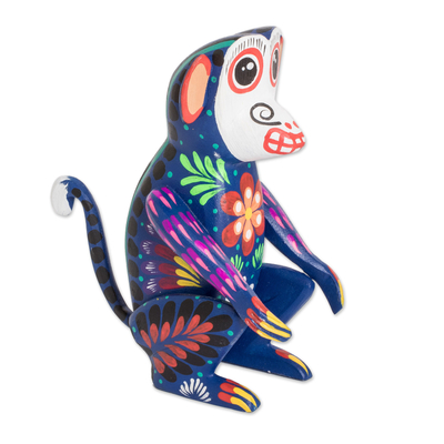 Wood figurine, 'Memorable Monkey' - Hand-Painted Floral Wild Cat Wood Figurine from Guatemala