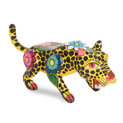Hand-Painted Floral Wild Cat Wood Figurine from Guatemala