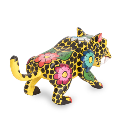 Wood figurine, 'Jarring Jaguar' - Hand-Painted Floral Wild Cat Wood Figurine from Guatemala