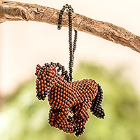 Beaded ornament, 'Galloping in Brown' - Handmade Horse-Themed Beaded Ornament for Home Decor