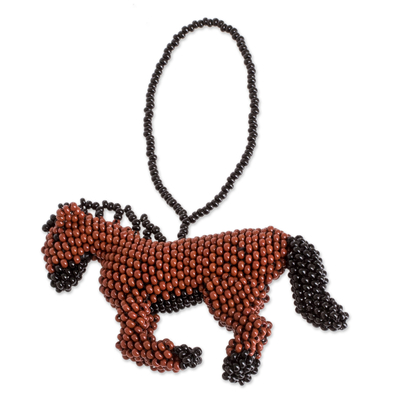 Beaded ornament, 'Galloping in Brown' - Handmade Horse-Themed Beaded Ornament for Home Decor