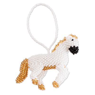 Glass beaded ornament, 'Golden Freedom' - Handcrafted Glass Beaded Horse Ornament with Golden Tones