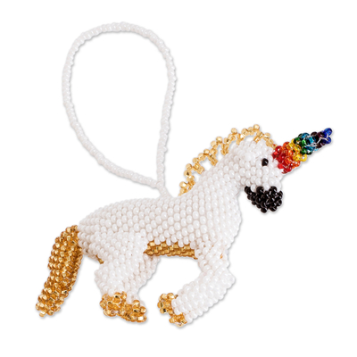 Glass beaded ornament, 'Rainbow Freedom' - Handcrafted Glass Beaded Unicorn Ornament with Rainbow Horn