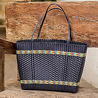 Handwoven tote bag, 'Midnight Summer' - Midnight Tote Bag with Colorful Stripes Crafted in Guatemala
