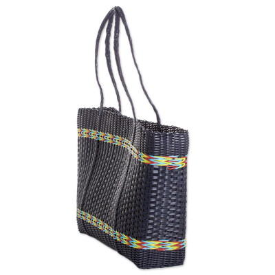 Handwoven tote bag, 'Midnight Summer' - Midnight Tote Bag with colourful Stripes Crafted in Guatemala