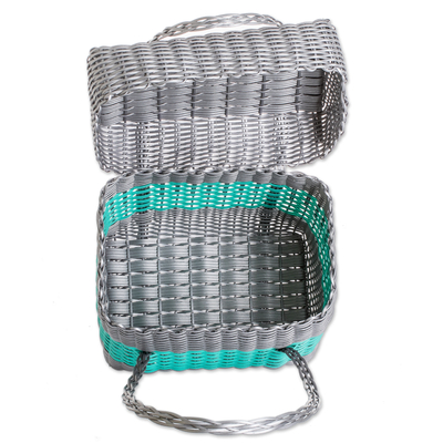 Handwoven basket, 'Turquoise Field' - Guatemalan Handwoven Basket in Turquoise and Grey