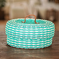 Handwoven basket, 'Turquoise Harmony' - Eco-Friendly Turquoise Basket with Leather Handle