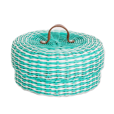 Eco-Friendly Turquoise Basket with Leather Handle