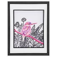 'Poised Kingfisher' - Bird Themed Crayon & Marker on Paper Drawing from Guatemala