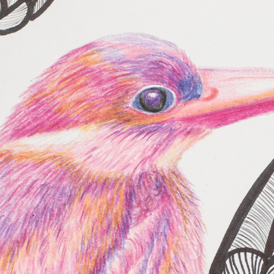 'Poised Kingfisher' - Crayón y rotulador sobre papel con temática de pájaros de Guatemala