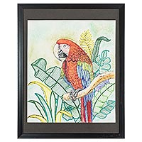 'Quiet Macaw' - Crayón con temática de guacamayos sobre dibujo de papel de Guatemala